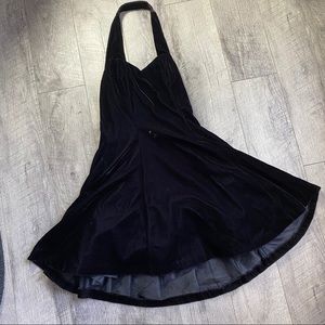 Vintage black velvet fit and flare halter dress sm